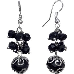 Earrings Black Beads and Silver Design Fishhook Closure Approx 1 inch drop New